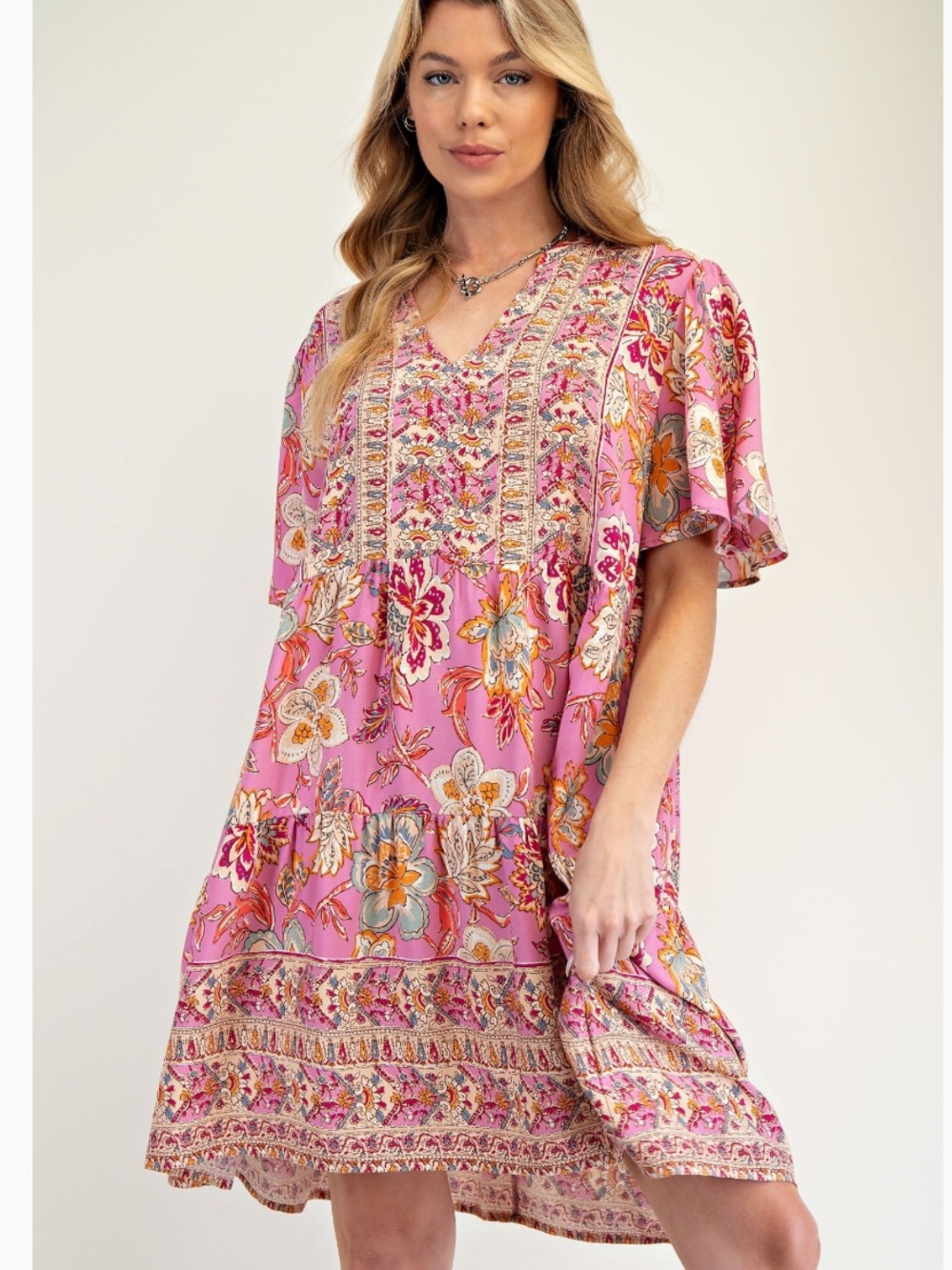 easel Pink Floral V-Neck Boho Dress